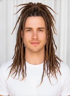 Half Up Locs Mid rendered by HairGlam on a male model