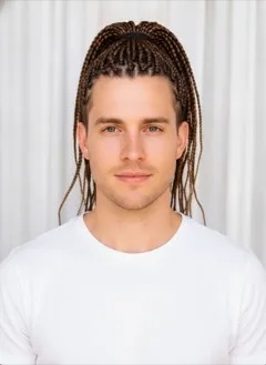 High Box Braids Ponytail rendered by HairGlam on a male model