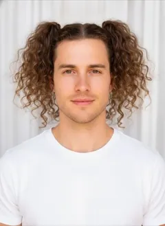 High Pigtails Curly rendered by HairGlam on a male model