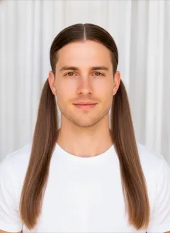 High Pigtails Straight rendered by HairGlam on a male model