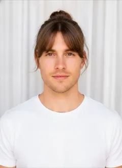 Messy Bun Split Bangs rendered by HairGlam on a male model