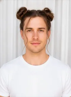 Messy Space Buns rendered by HairGlam on a male model