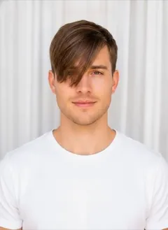 Side Swept Bangs rendered by HairGlam on a male model