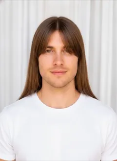 Straight Long Wispy Bangs rendered by HairGlam on a male model