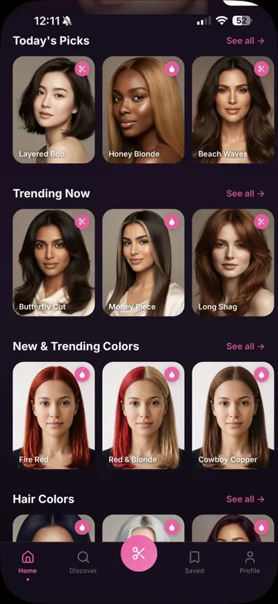Today's Picks, Trending Now and New and Trending Colors rows in HairGlam
