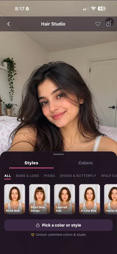 HairGlam Hair Studio: a selfie with the Styles tray open below it