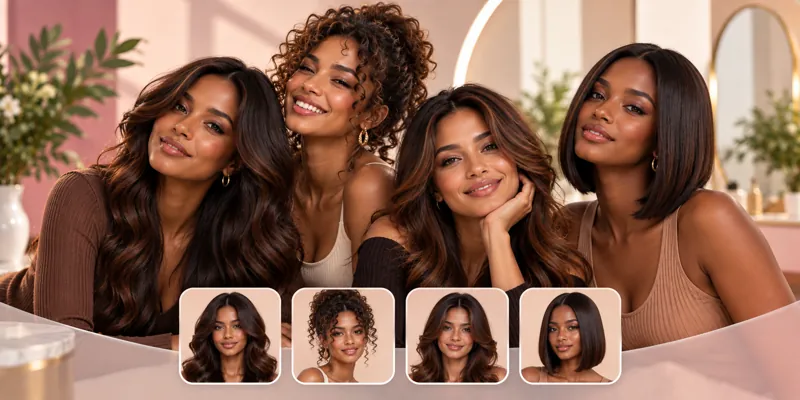 Four women with different hair, and a row of cards showing one face in four different hairstyles