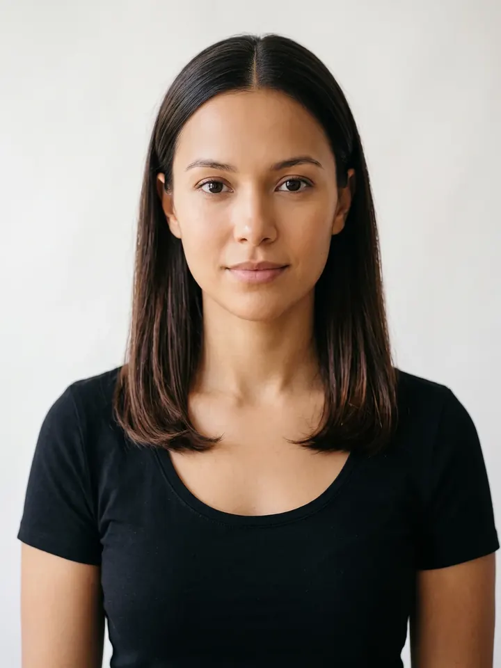 Studio portrait of a woman with shoulder length dark hair, before