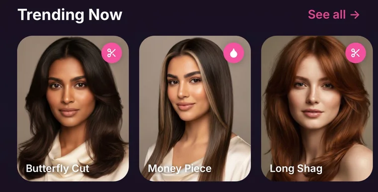 HairGlam Trending Now row showing Butterfly Cut, Money Piece and Long Shag style cards