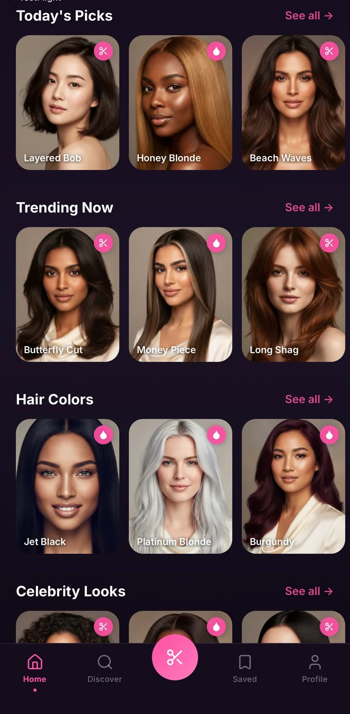 HairGlam catalog rows for Trending Now, Hair Colors and Celebrity Looks, each with a See all link