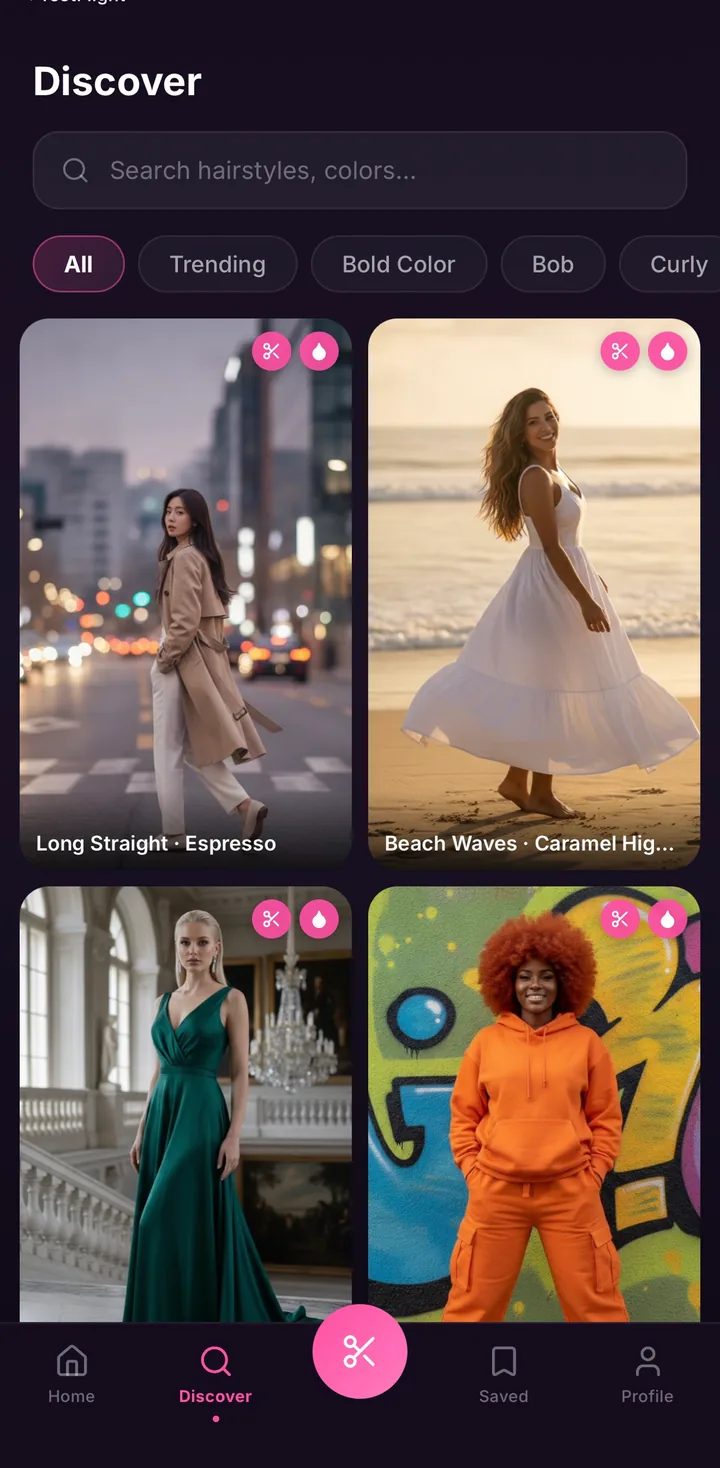 HairGlam Discover tab with a search field and All, Trending, Bold Color, Bob and Curly filter chips